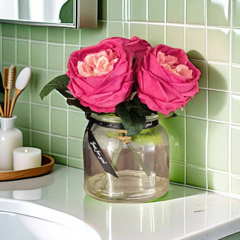 Bulk 8" Real Touch Fuchsia Rose in Vase with Faux Water Potted Flowers Wholesale