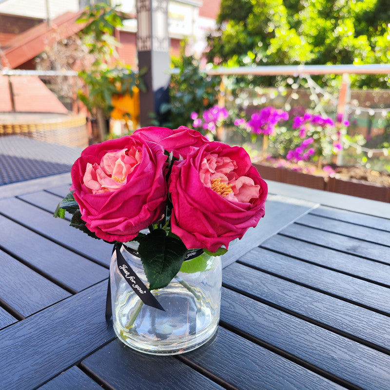 Bulk 8" Real Touch Fuchsia Rose in Vase with Faux Water Potted Flowers Wholesale