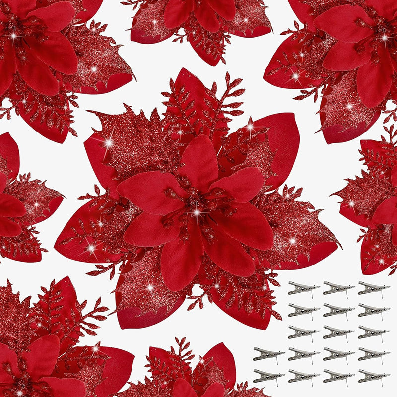 Bulk 18Pcs Poinsettia Flower Artificial Poinsettia with Clips Christmas Decorations Wholesale