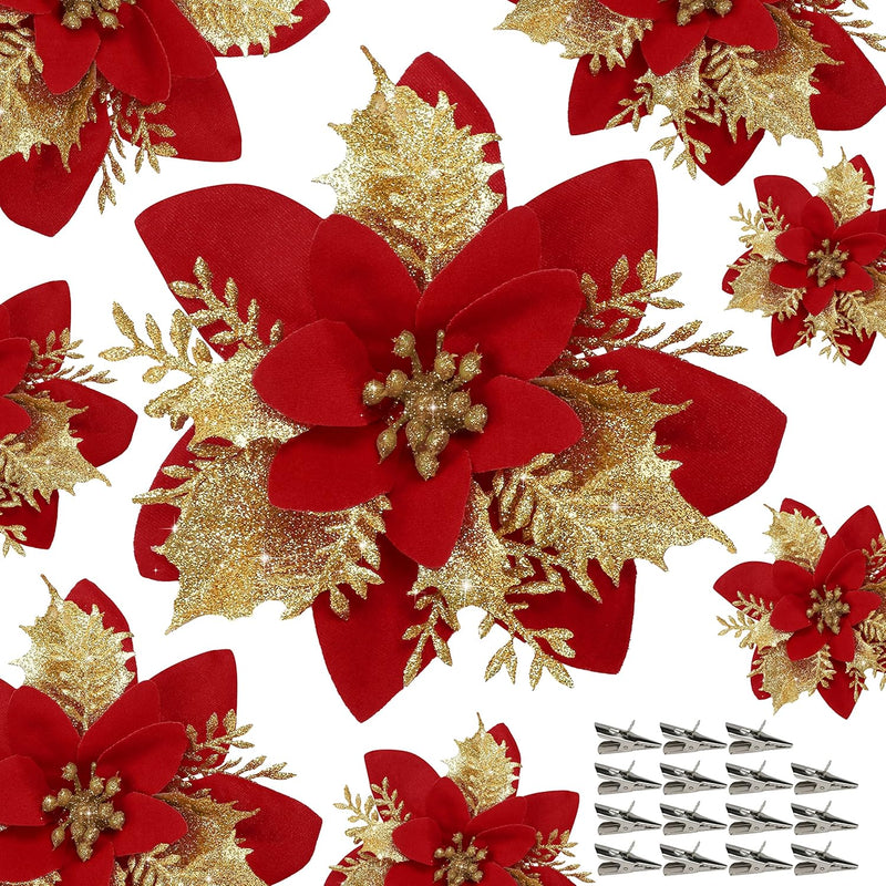 Bulk 18Pcs Poinsettia Flower Artificial Poinsettia with Clips Christmas Decorations Wholesale