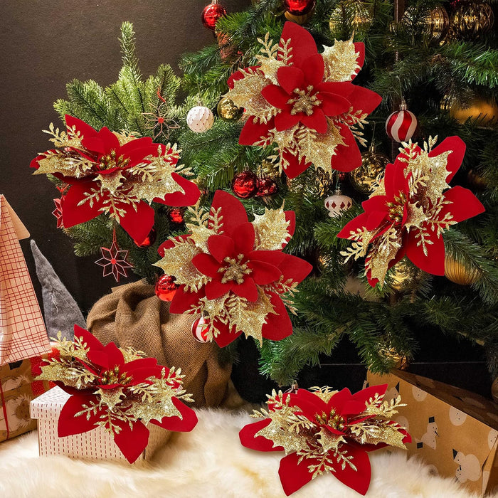 Bulk 18Pcs Poinsettia Flower Artificial Poinsettia with Clips Christmas Decorations Wholesale