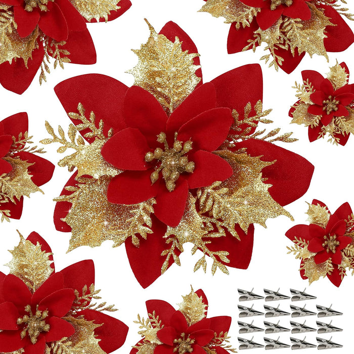 Bulk 18Pcs Poinsettia Flower Artificial Poinsettia with Clips Christmas Decorations Wholesale