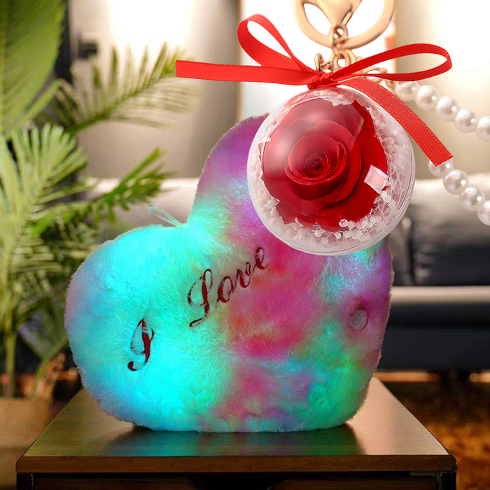 Bulk 2Pcs Valentine's Day Jewelry Gift Preserved Rose Keychain With Heart Shape Plush Led Wholesale