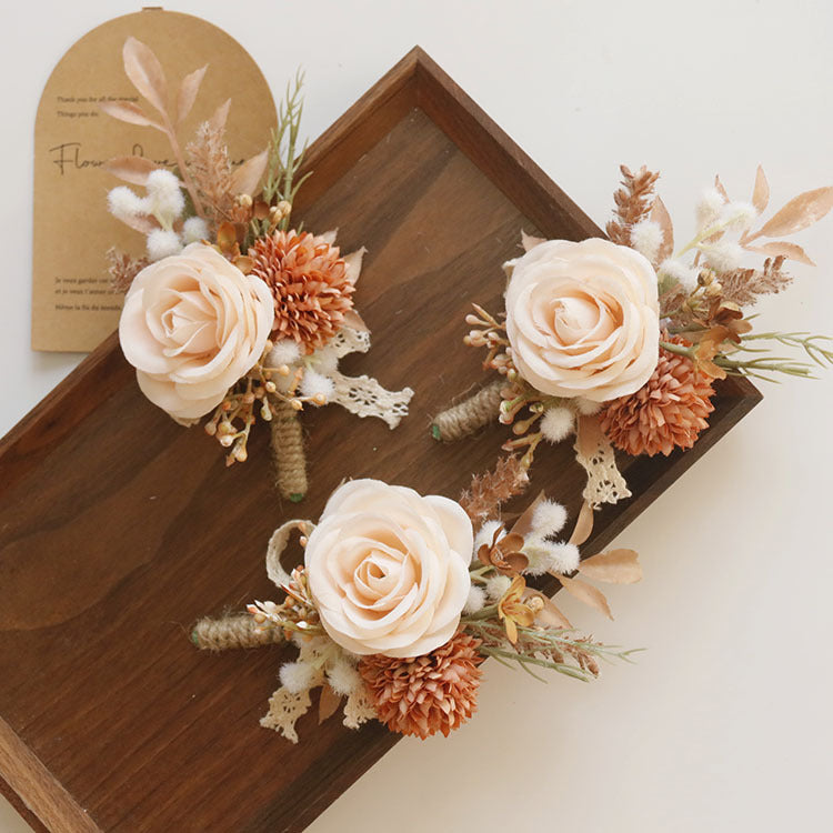 Bulk Retro Champagne Rose Boutonnieres with Burnt Orange Mum Wholesale