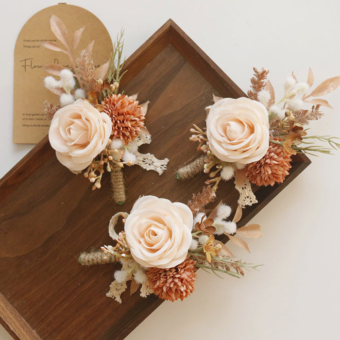 Bulk Retro Champagne Rose Boutonnieres with Burnt Orange Mum Wholesale