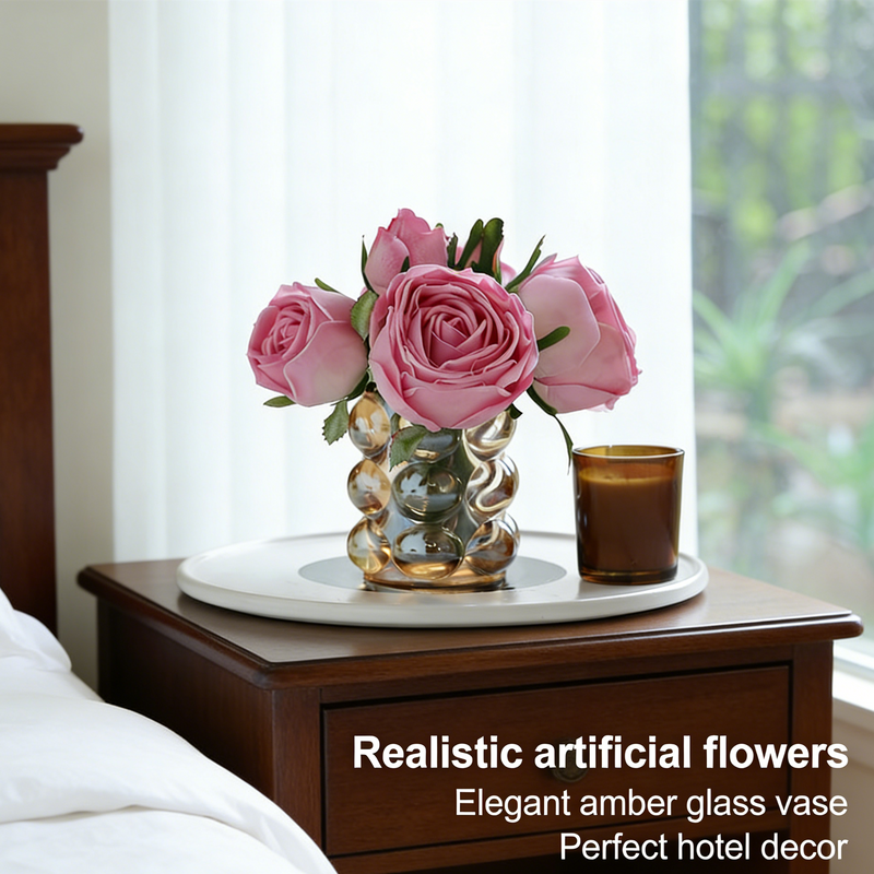 Bulk 7" Real Touch Rose Bouquet in Amber Glass Vase Floral Arrangement for Hotel Guest Rooms & Suites Wholesale