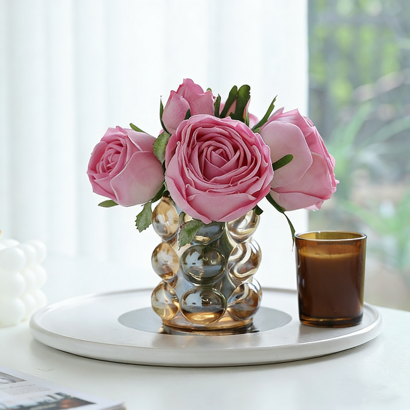 Bulk 7" Real Touch Rose Bouquet in Amber Glass Vase Floral Arrangement for Hotel Guest Rooms & Suites Wholesale