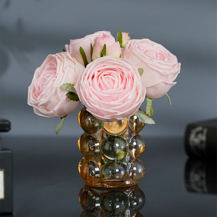 Bulk 7" Real Touch Rose Bouquet in Amber Glass Vase Floral Arrangement for Hotel Guest Rooms & Suites Wholesale