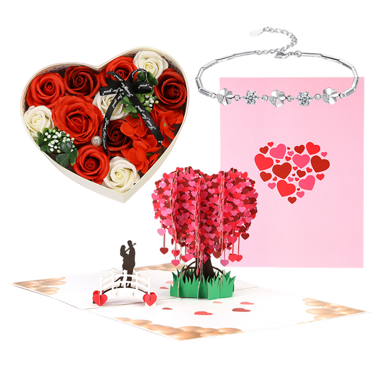 Bulk 3Pcs Rose Flower Soap in Gift Box with Bracelet and Pop Up Cards Gifts for Her Wholesale