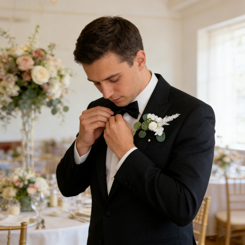 Bulk White Pom-Pom Hydrangea Groomsman Boutonniere Pearl Pin for Wedding Wholesale