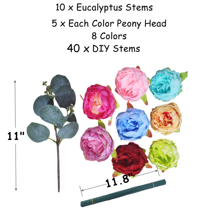 50Pcs Artificial Flowers Silk Peony Heads with Stems Cake Flowers for DIY Wedding Bouquets Bridal Shower Centerpieces Arrangements Party Tables Decorations