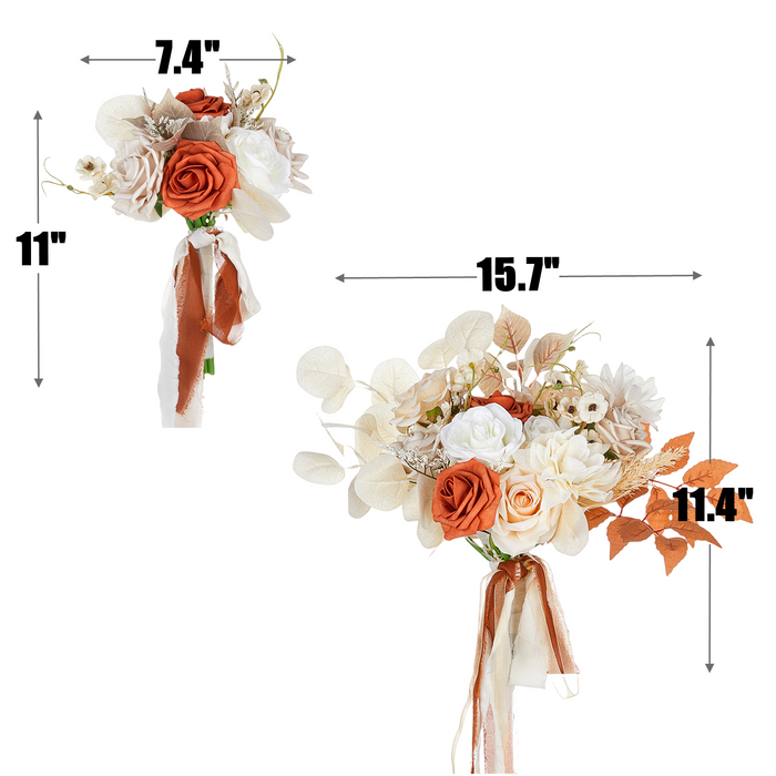 Bulk Set of 7pcs Champagne And Orange Rose Bridal Bouquet And Bridesmaid Bouquet Wholesale