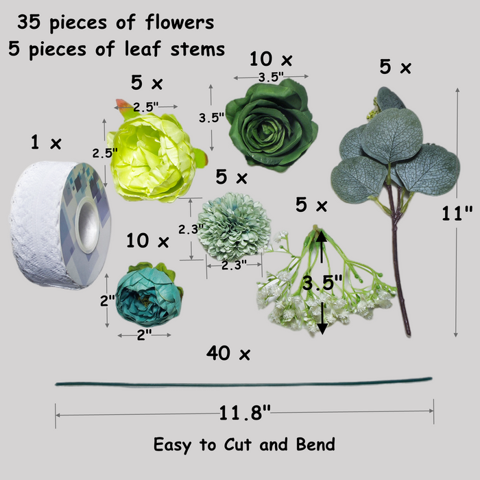 Bulk Exclusive 40Pcs Teal Blue Green Artificial Flowers Combo Box Set for Crafts Wholesale