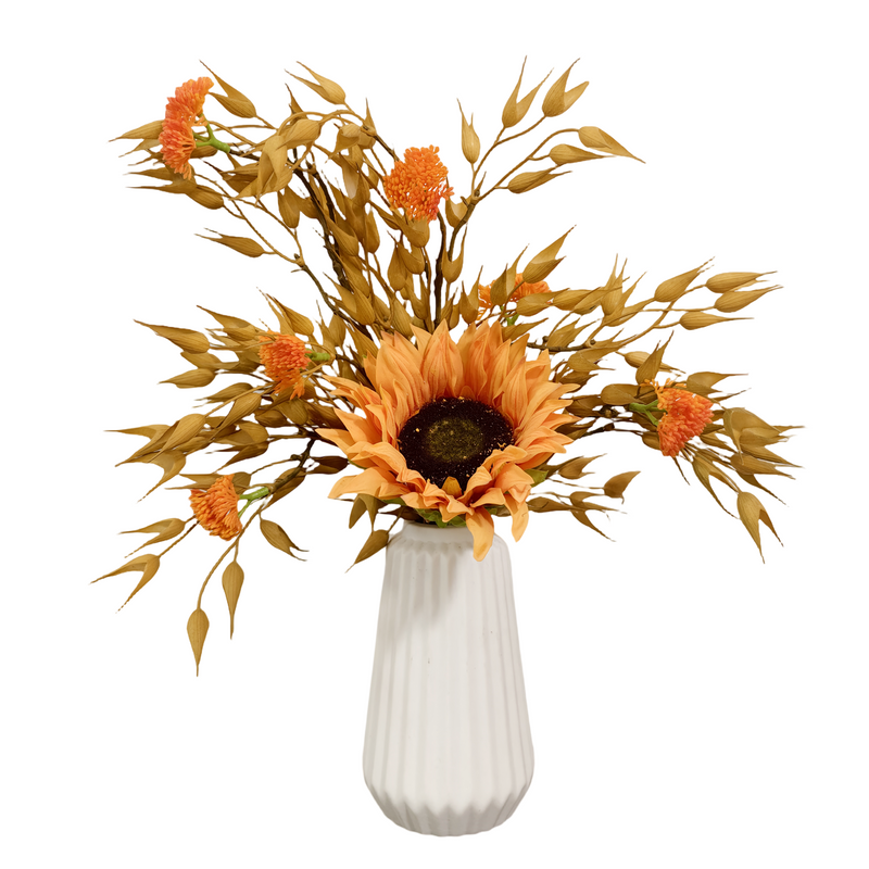 Bulk 16" Thanksgiving Centerpiece Artificial Sunflower and Oat Arrangement in Ceramic Vase Wholesale