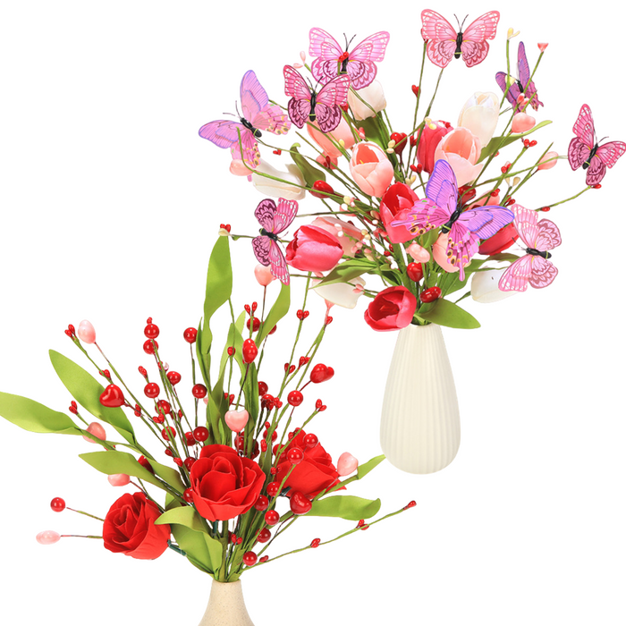 Bulk 3pcs 17" Valentine's Day Flower Bouquet Tulip Rose Branches Stems with Butterfly Wholesale