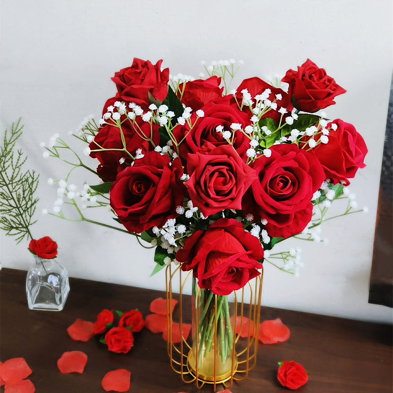 Bulk Red Rose Bouquet with Babys Breath Gifts Floral Arrangements Wholesale