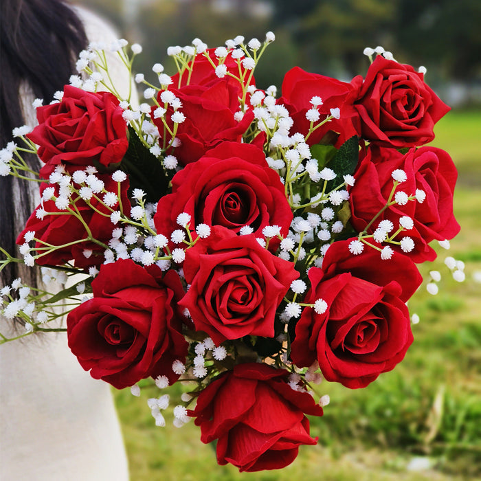 Bulk Valentine's Day Gifts Red Rose Bouquet with Babys Breath Floral Arrangements Wholesale