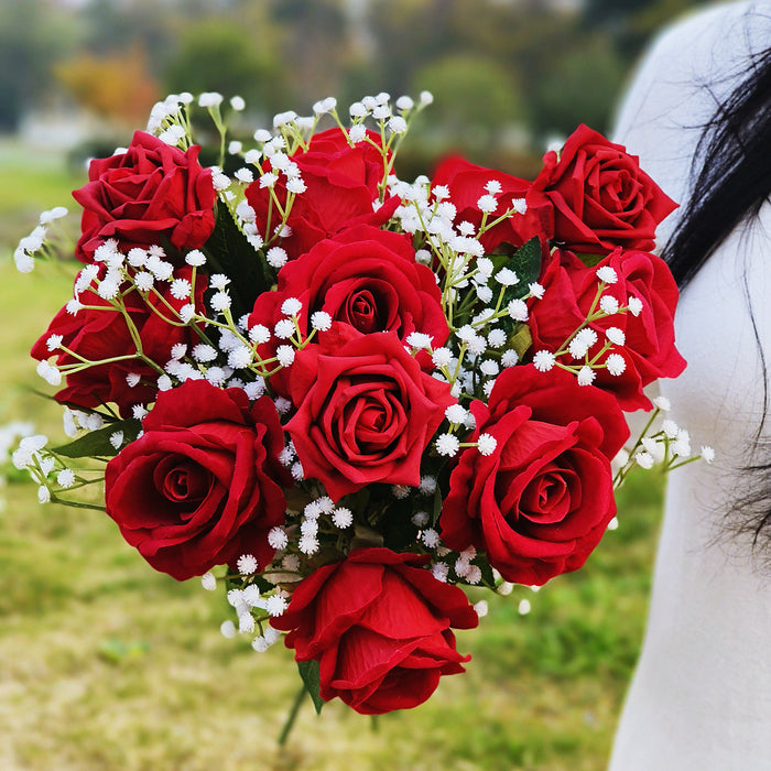 Bulk Valentine's Day Gifts Red Rose Bouquet with Babys Breath Floral Arrangements Wholesale