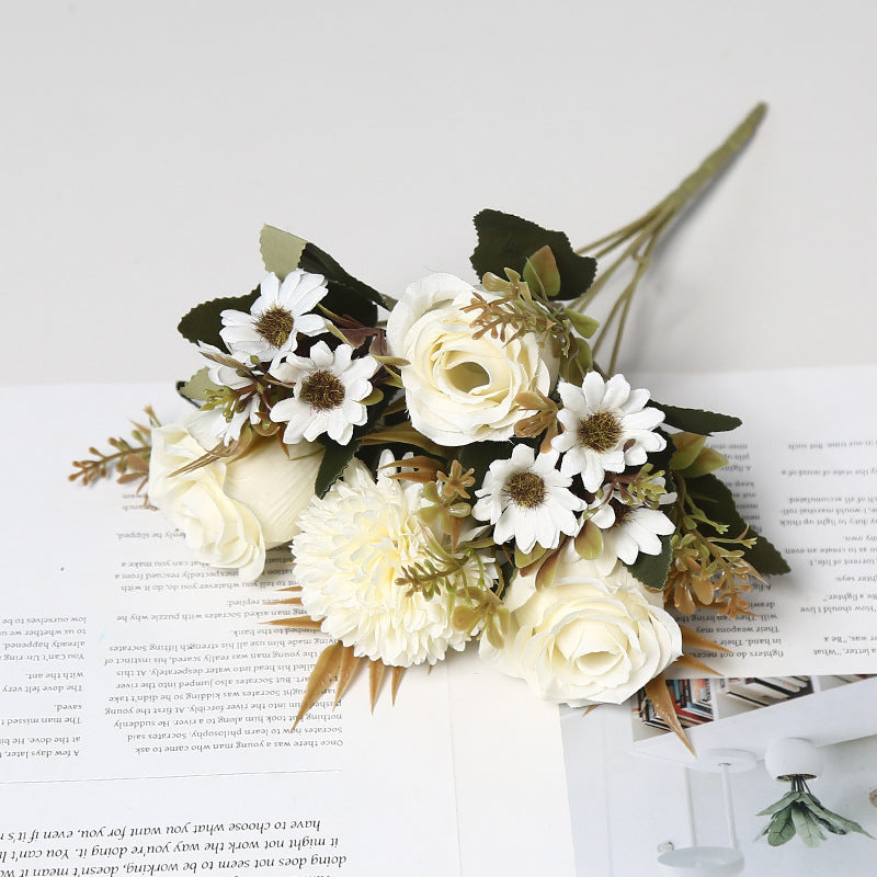 Bulk 11.8" Artificial Rose Bush Bouquet Mixed with Mum & Daisy Realistic Small Flowers for Table Small Arrangement Home Decor Wedding DIY Wholesale