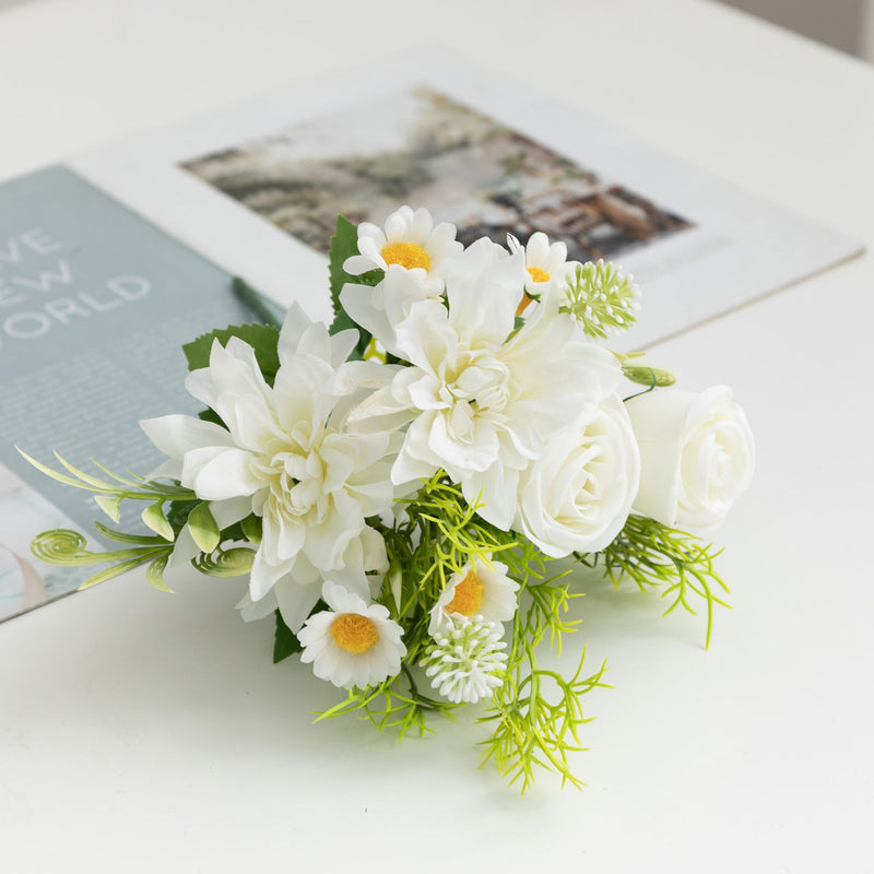 Bulk 13" Small Rose Bush Mixed with Daisy Dahlia Silk Flowers for Crafts Wholesale