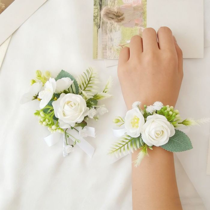 Bulk White Rose Corsage & Wrist Corsage Set for Wedding, Bridesmaid, Prom & Party Decorations Wholesale