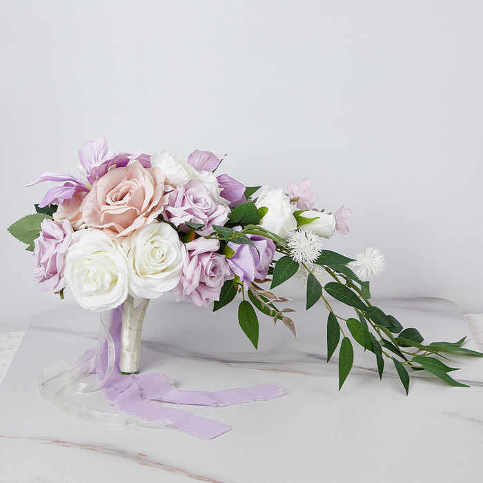 Bulk 9" White And Purple Cascading Bridal Rose Orchid Wedding Bouquets Wholesale