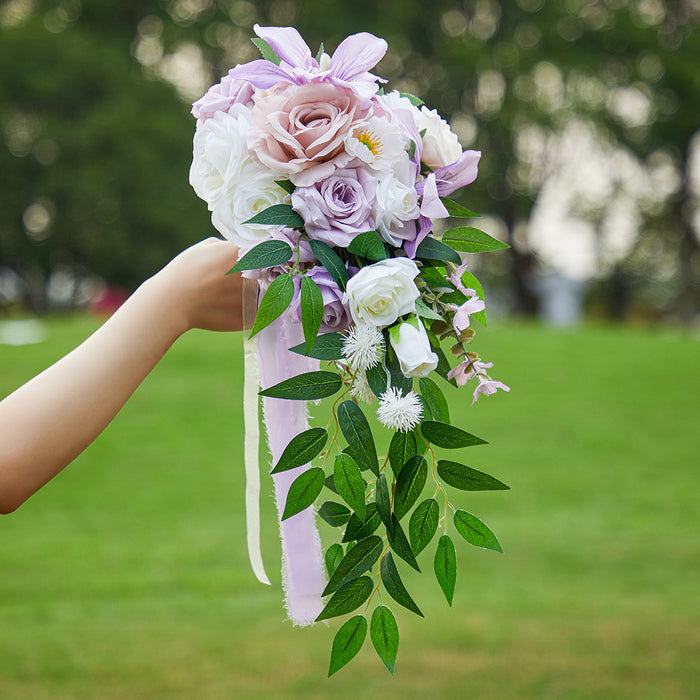 Bulk 9" White And Purple Cascading Bridal Rose Orchid Wedding Bouquets Wholesale