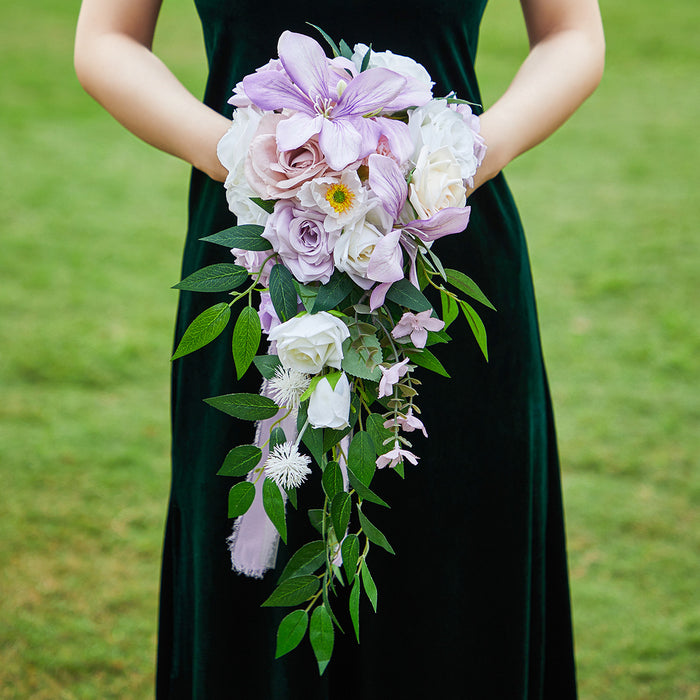 Bulk 9" White And Purple Cascading Bridal Rose Orchid Wedding Bouquets Wholesale