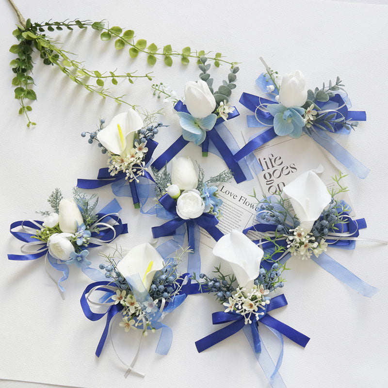Bulk White and Blue Wrist Corsage Wristlet Band Bracelet and Men Boutonniere for Wedding Wholesale