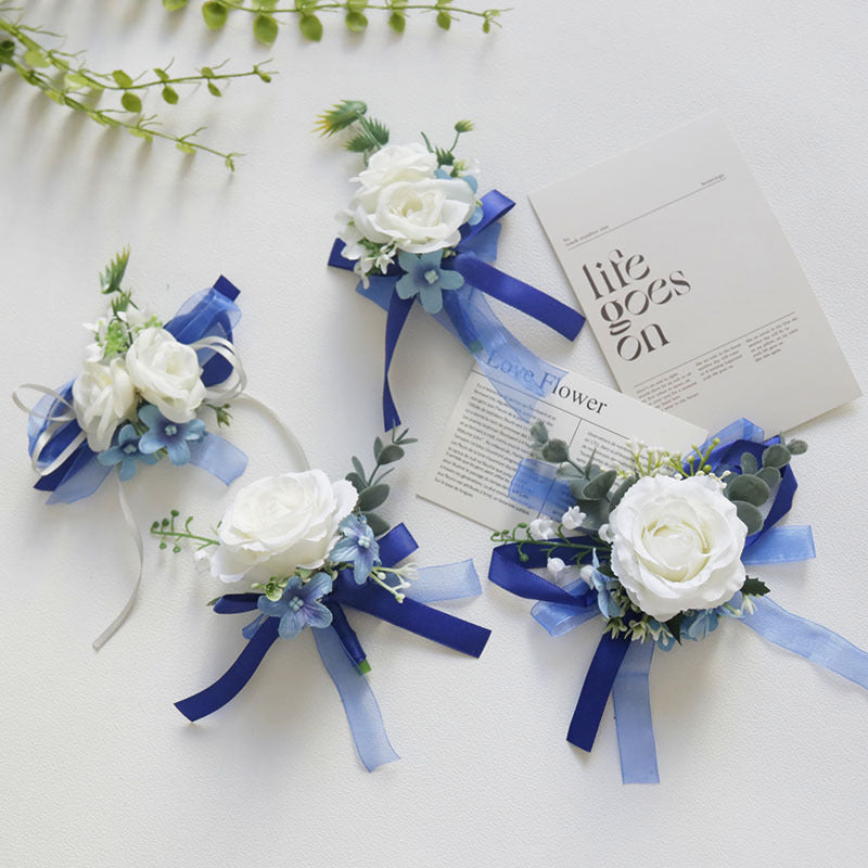 Bulk White and Blue Wrist Corsage Wristlet Band Bracelet and Men Boutonniere for Wedding Wholesale