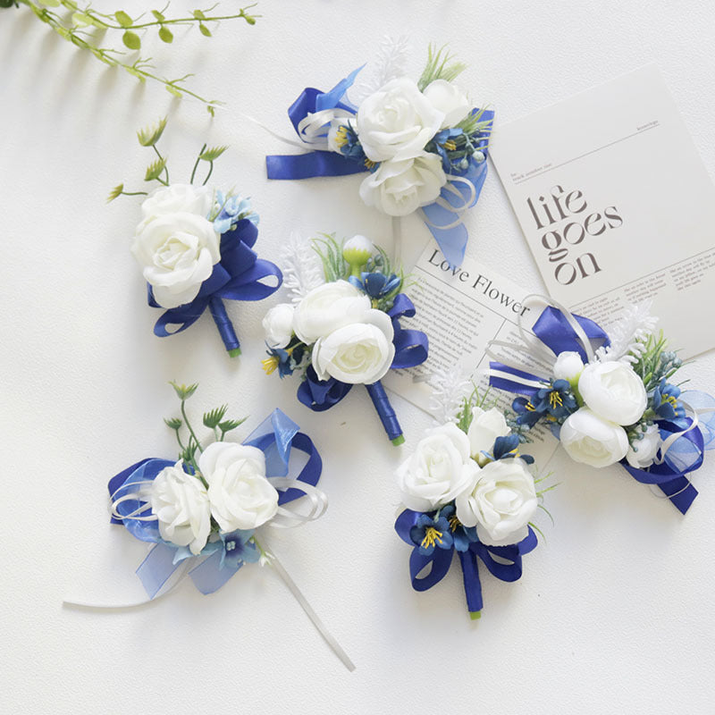 Bulk White and Blue Wrist Corsage Wristlet Band Bracelet and Men Boutonniere for Wedding Wholesale