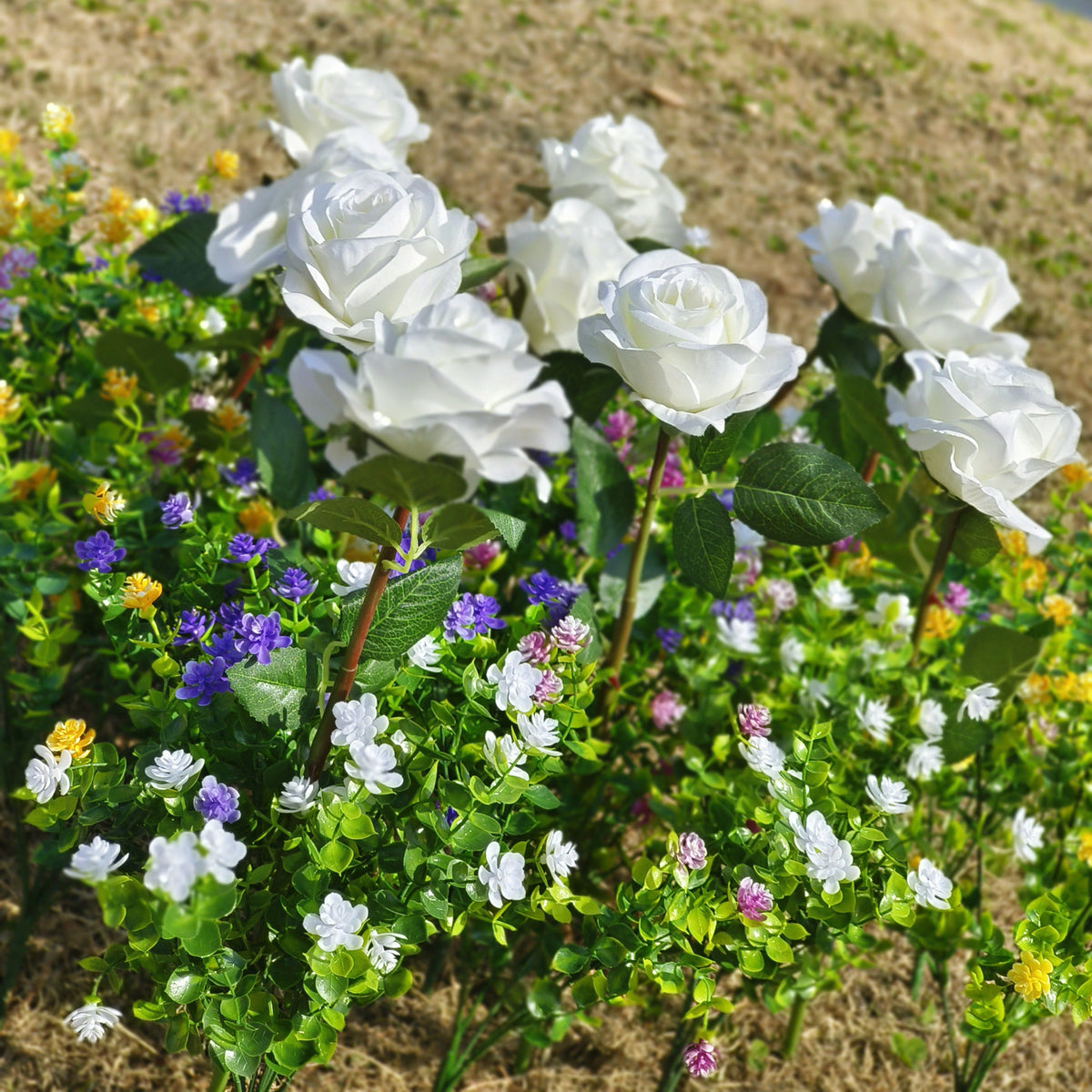 Bulk 30pcs Mixed Faux Outdoor Flowers Rose with Plants UV Resistant Wh ...