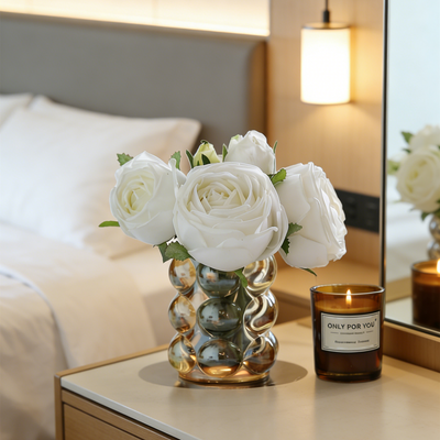 Bulk 7" Real Touch Rose Bouquet in Amber Glass Vase Floral Arrangement for Hotel Guest Rooms & Suites Wholesale