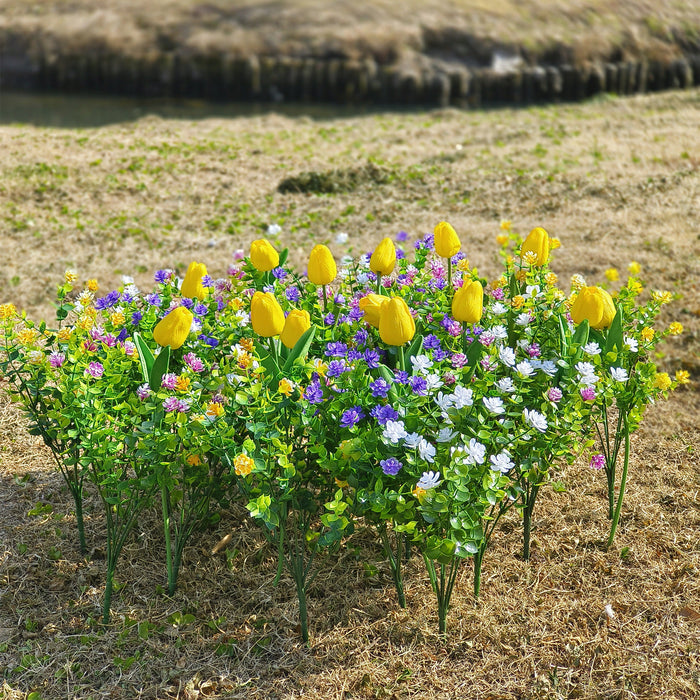 Bulk 35pcs Mixed Faux Outdoor Flowers Yellow Tulips with Plants UV Resistant Wholesale