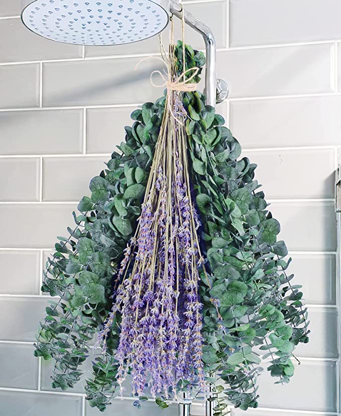 Bulk 15Pcs 17" Dried Preserved Eucalyptus Stems with Lavender Flowers Bundles for Shower Wholesale