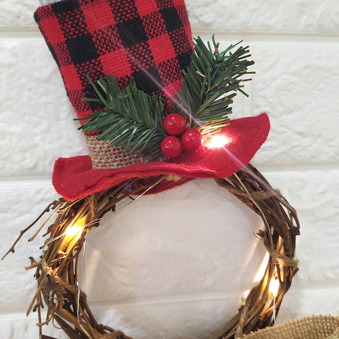 Guirnalda de Navidad iluminada a granel de 16 "con sombrero y corona con forma de muñeco de nieve con lazo al por mayor 