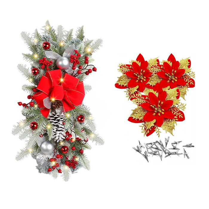 Guirnalda colgante de Navidad Led a granel y 20 piezas de flores artificiales de Navidad con Clips al por mayor 