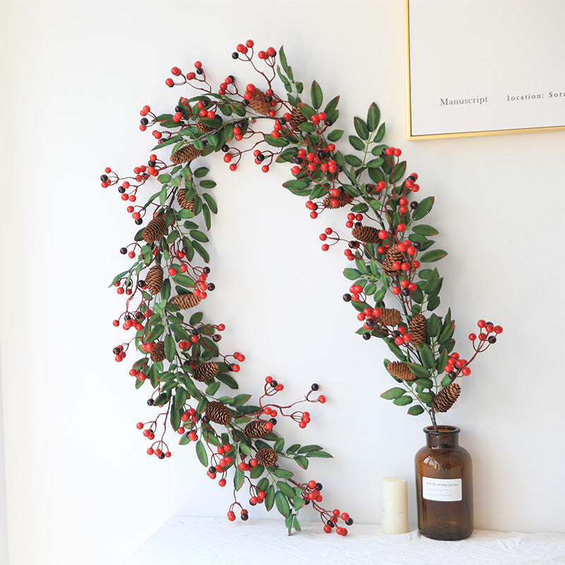Bulk 71" Christmas Red Berry Poinsettia Ring Rattan String Garland Wholesale