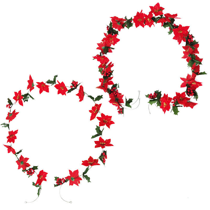 Bulk 2pcs 8.2 Pies Poinsettia Guirnalda con bayas rojas Hojas de acebo Navidad Flores Guirnalda Decoración para comedor Chimenea Puerta Barandilla Escalera Venta al por mayor 