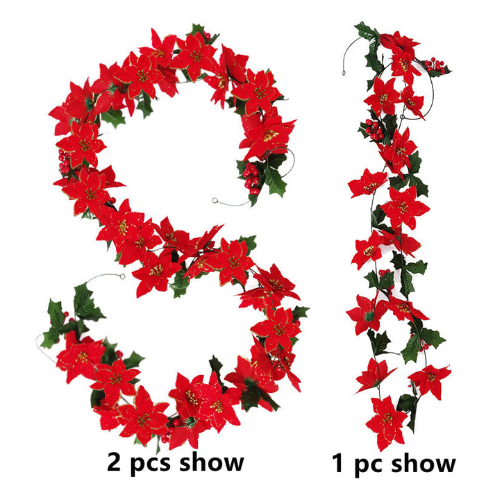 Bulk 2pcs 8.2 Feet Poinsettia Garland with Red Berries Holly Leaves Xmas Flowers Garland Decoration for Dining Room Fireplace Door Railing Staircase Wholesale