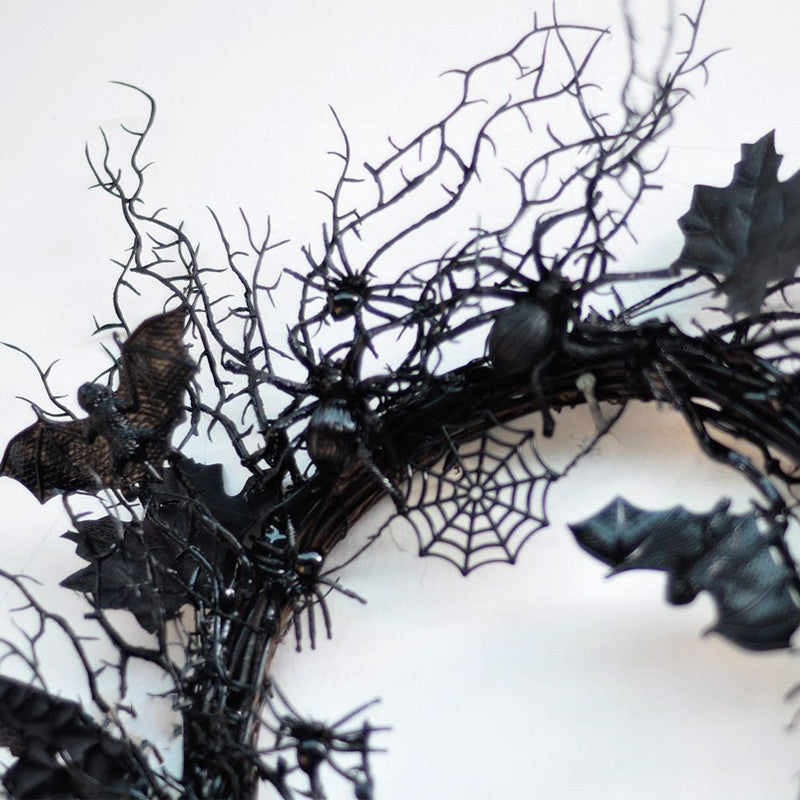 Bulk Halloween Grapevine Black Artificial Spider Bat Wreath 18'' Wholesale