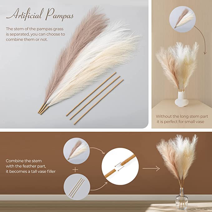 Lot de 3 fleurs artificielles détachables extra larges de la pampa, exclusivité en vrac, 43 pouces, pour grands vases, vente en gros
