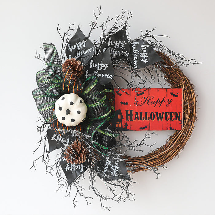 Bulk Halloween Black Pumpkin Artificial Leaves Mesh Wreath 18'' Wholesale