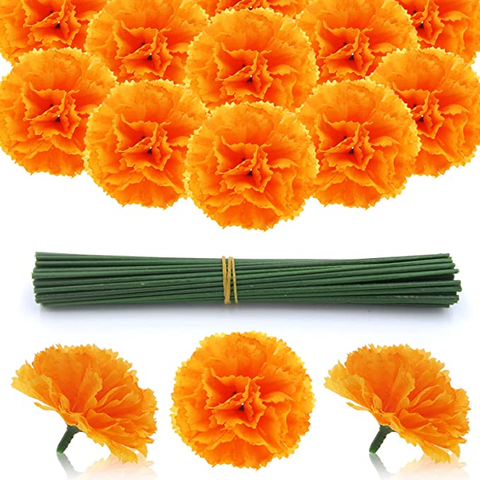 Bulk 50Pcs Artificial Marigold Flower Heads with Detachable Stems Wholesale