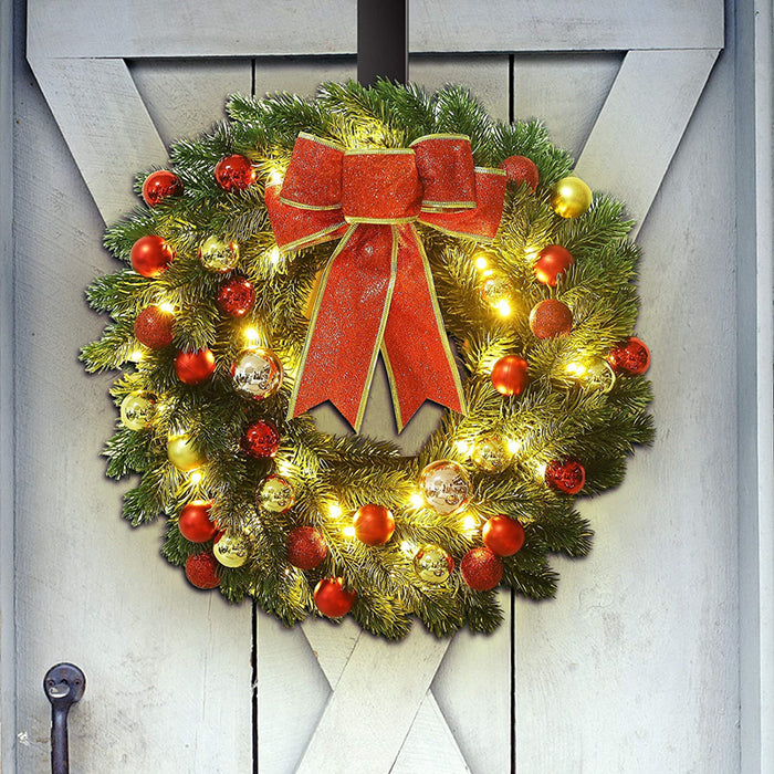 Corona de Navidad preiluminada a granel con adornos de lazo y bolas al por mayor