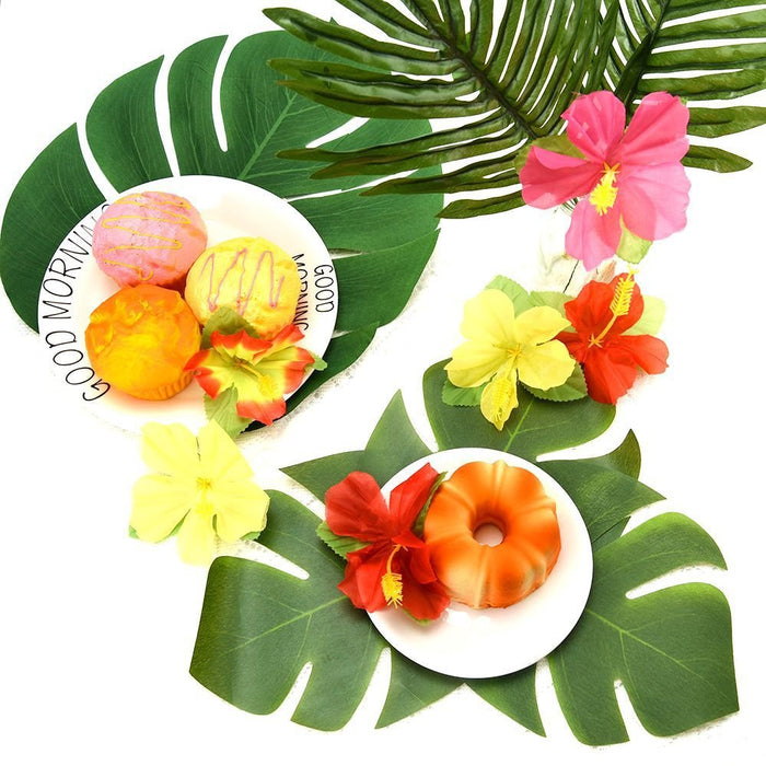 A granel, 60 uds., suministros de decoración para fiestas tropicales, hojas de palmeras tropicales, flores de hibisco, hojas artificiales al por mayor 