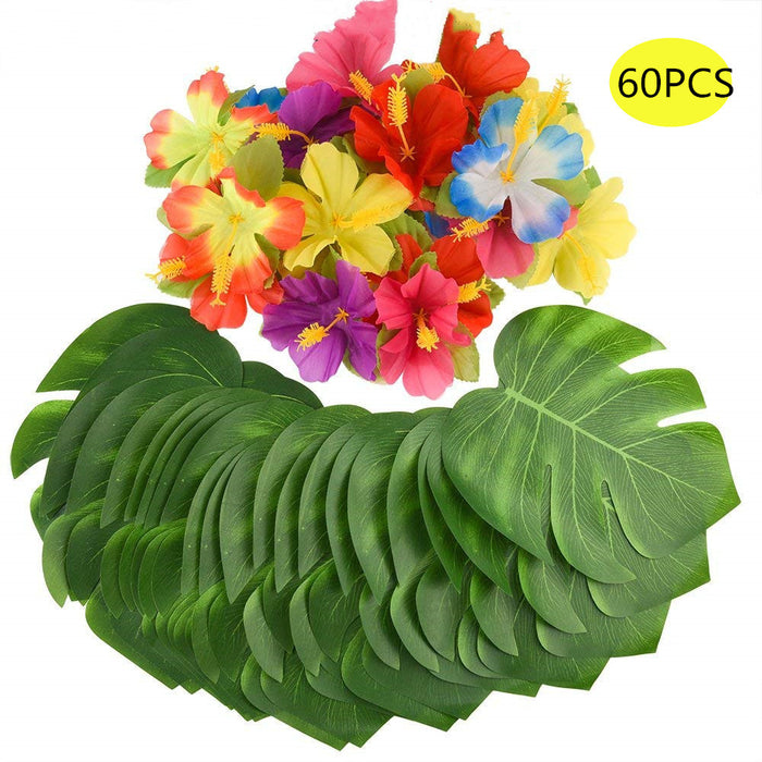 Bulk 60Pcs Tropical Party Decorations Supplies Tropical Palm Leaves Hibiscus Flowers Artificial Leaf Wholesale