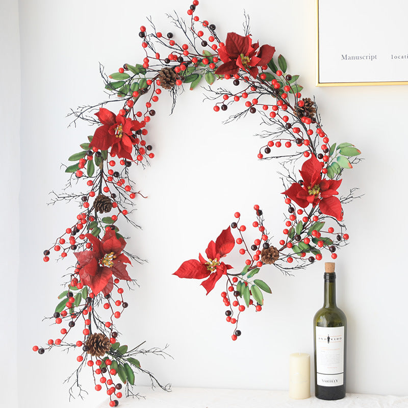 Bulk 71" Christmas Red Berry Poinsettia Ring Rattan String Garland Wholesale