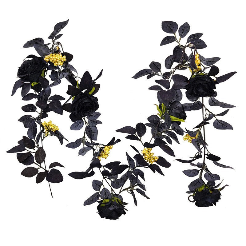 Bulk 70" Halloween Black Flowers Rose Leaf Golden Berry Vine Garland Hanging Vine Rattan Wholesale