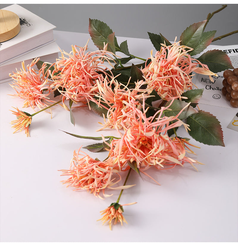 Tiges de chrysanthème artificielles en vrac de 27 pouces, feuillage d'allum triple corail, centre de table d'automne en gros 